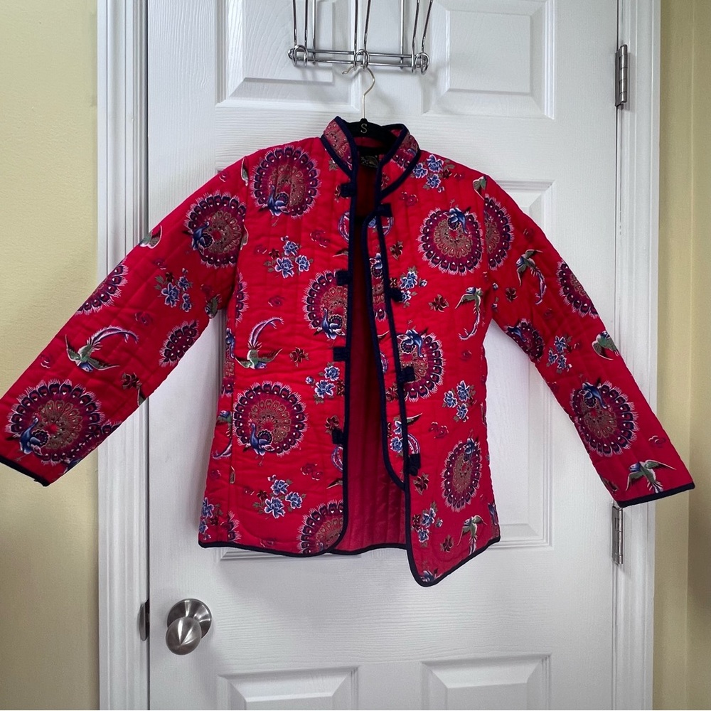 Quilted Jacket Mandarin Red Peacock Bird Floral Asian Print Hong Kong Eclectic S
